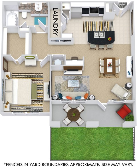 Belfast with Fenced-in Yard 3D. 1 bedroom apartment. Kitchen with bartop open to living/dining rooms. 1 full bathroom. Walk-in closet. Patio/balcony open to yard.